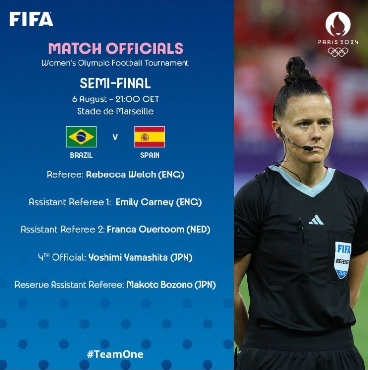 奥运女足半决赛裁判名单揭晓：英超女裁判韦尔奇将执法巴西与西班牙
